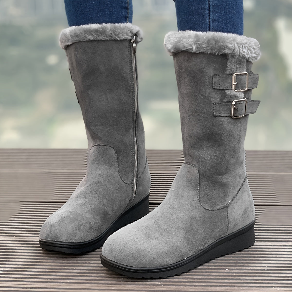 Stivali invernali da donna con pelliccia, zip laterale, doppia fibbia e suola antiscivolo, 3 colori, taglie EU 35-41