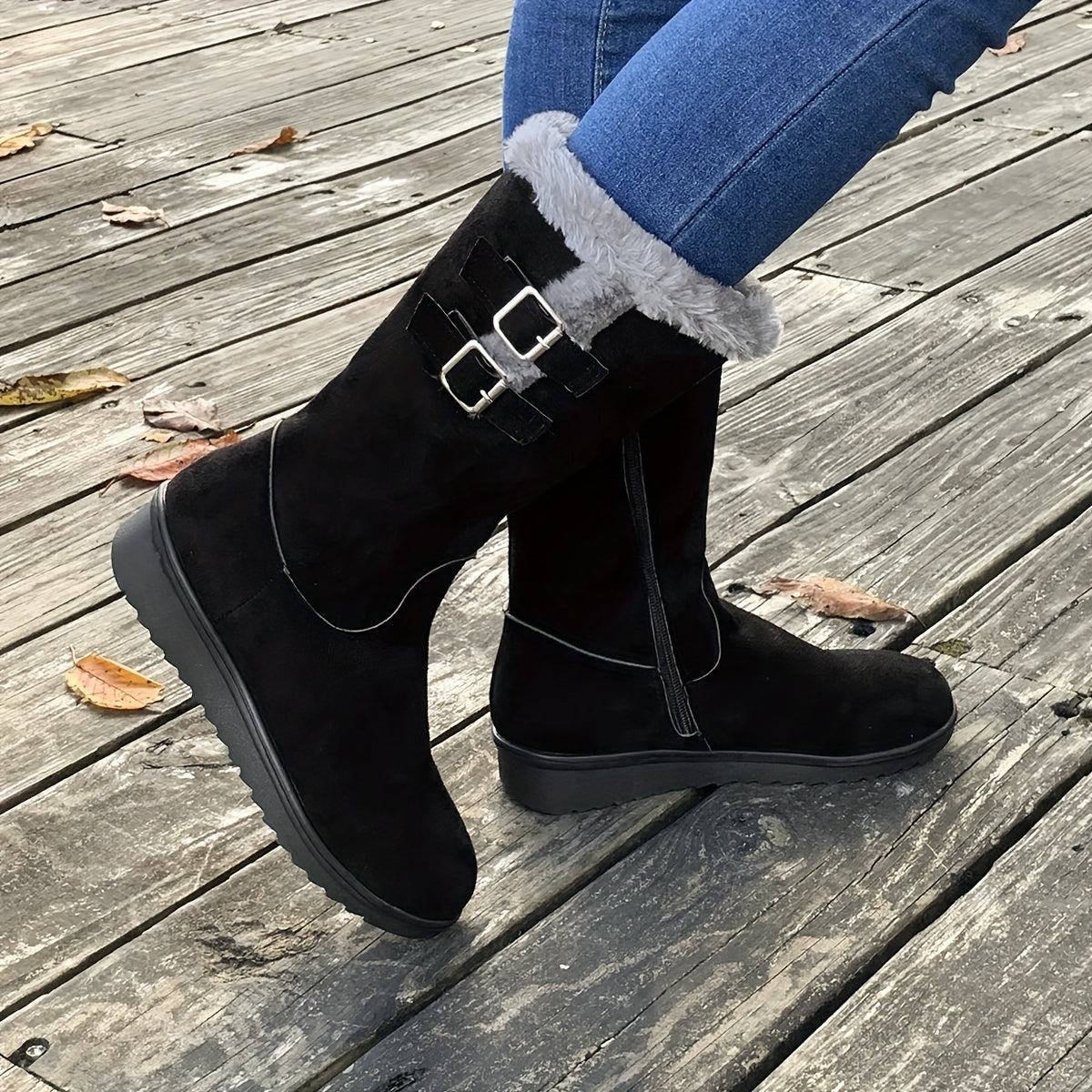 Stivali invernali da donna con pelliccia, zip laterale, doppia fibbia e suola antiscivolo, 3 colori, taglie EU 35-41