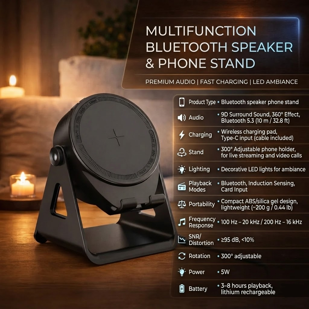 Supporto per Telefono con Speaker Bluetooth e Ricarica Wireless