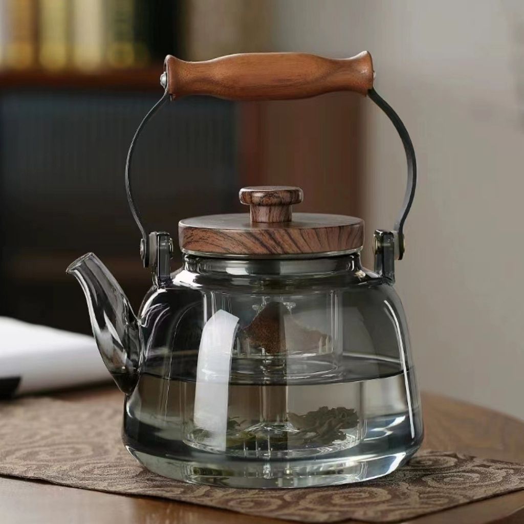 Teiera in vetro con infusore – 1000 ml in borosilicato, resistente al calore, manico in legno