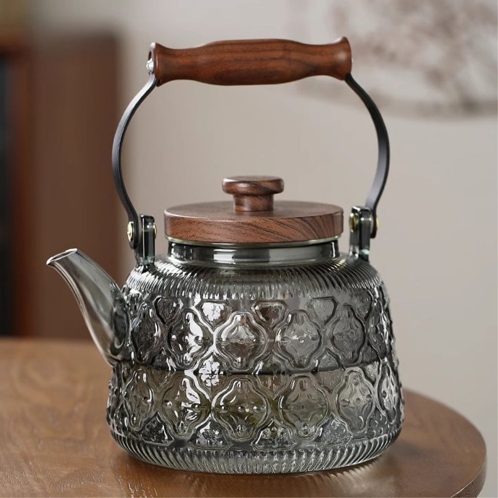 Teiera in vetro con infusore – 1000 ml in borosilicato, resistente al calore, manico in legno