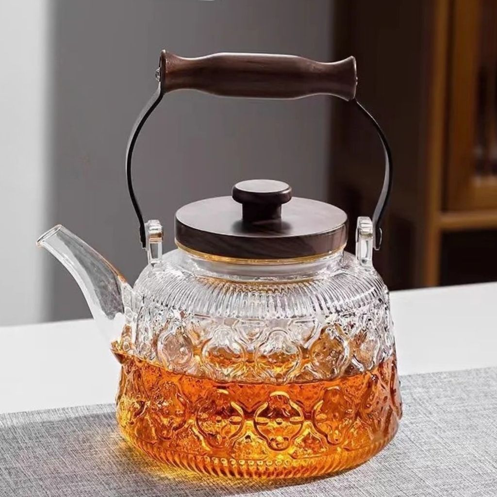 Teiera in vetro con infusore – 1000 ml in borosilicato, resistente al calore, manico in legno