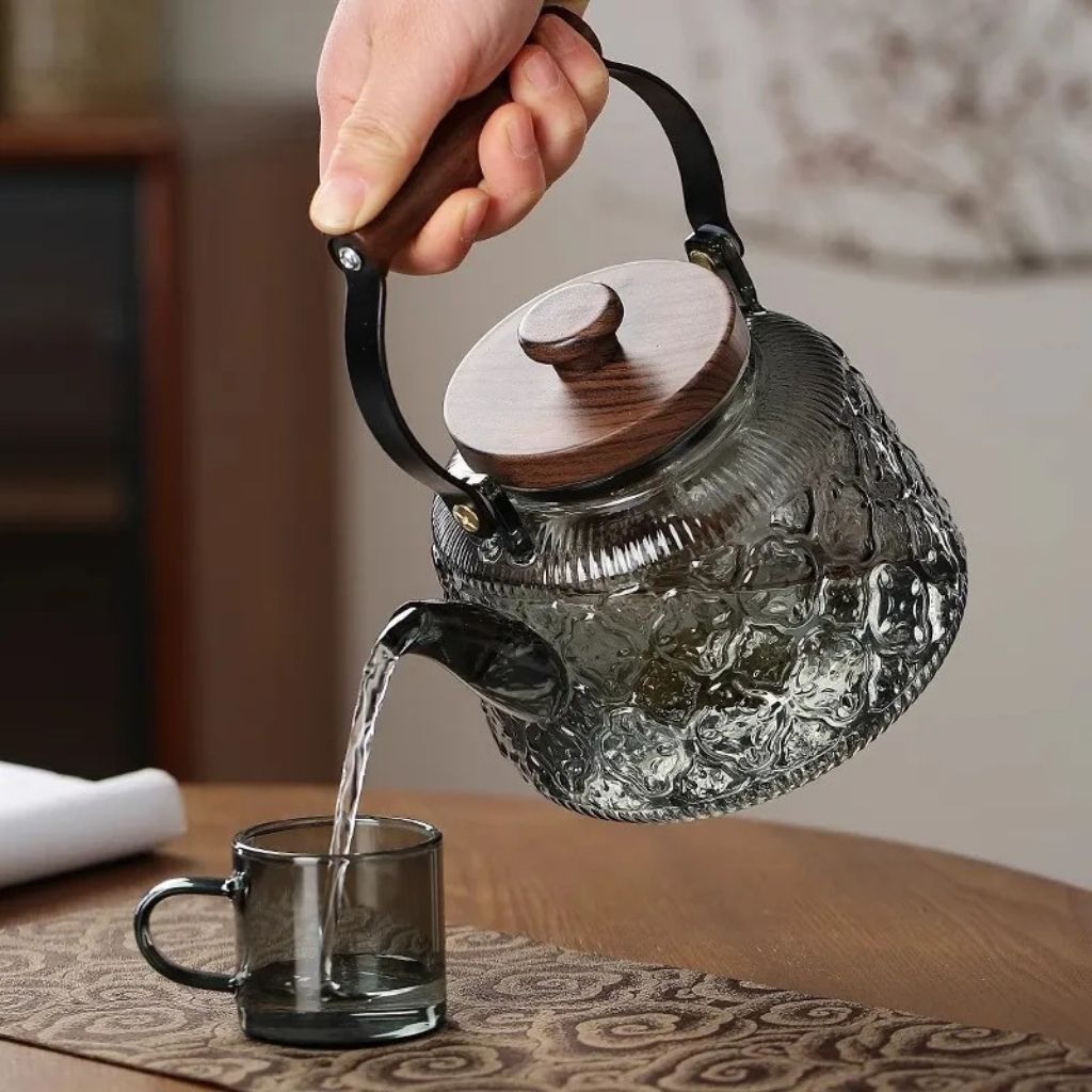 Teiera in vetro con infusore – 1000 ml in borosilicato, resistente al calore, manico in legno