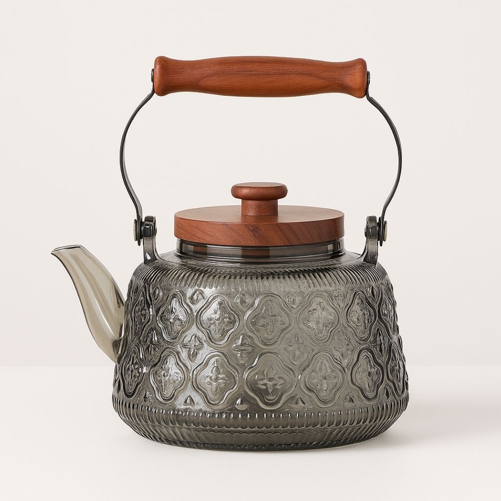 Teiera in vetro con infusore – 1000 ml in borosilicato, resistente al calore, manico in legno