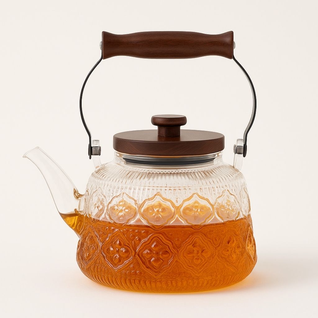 Teiera in vetro con infusore – 1000 ml in borosilicato, resistente al calore, manico in legno