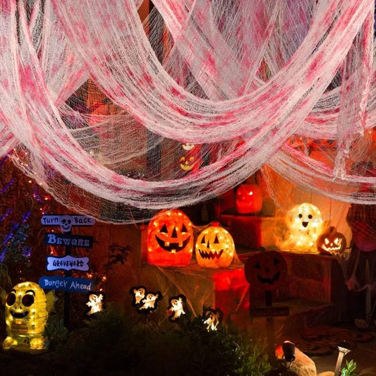 Telo horror per Halloween, tessuto strappato da appendere in casa e in giardino, nero o bianco macchiato di sangue, lava