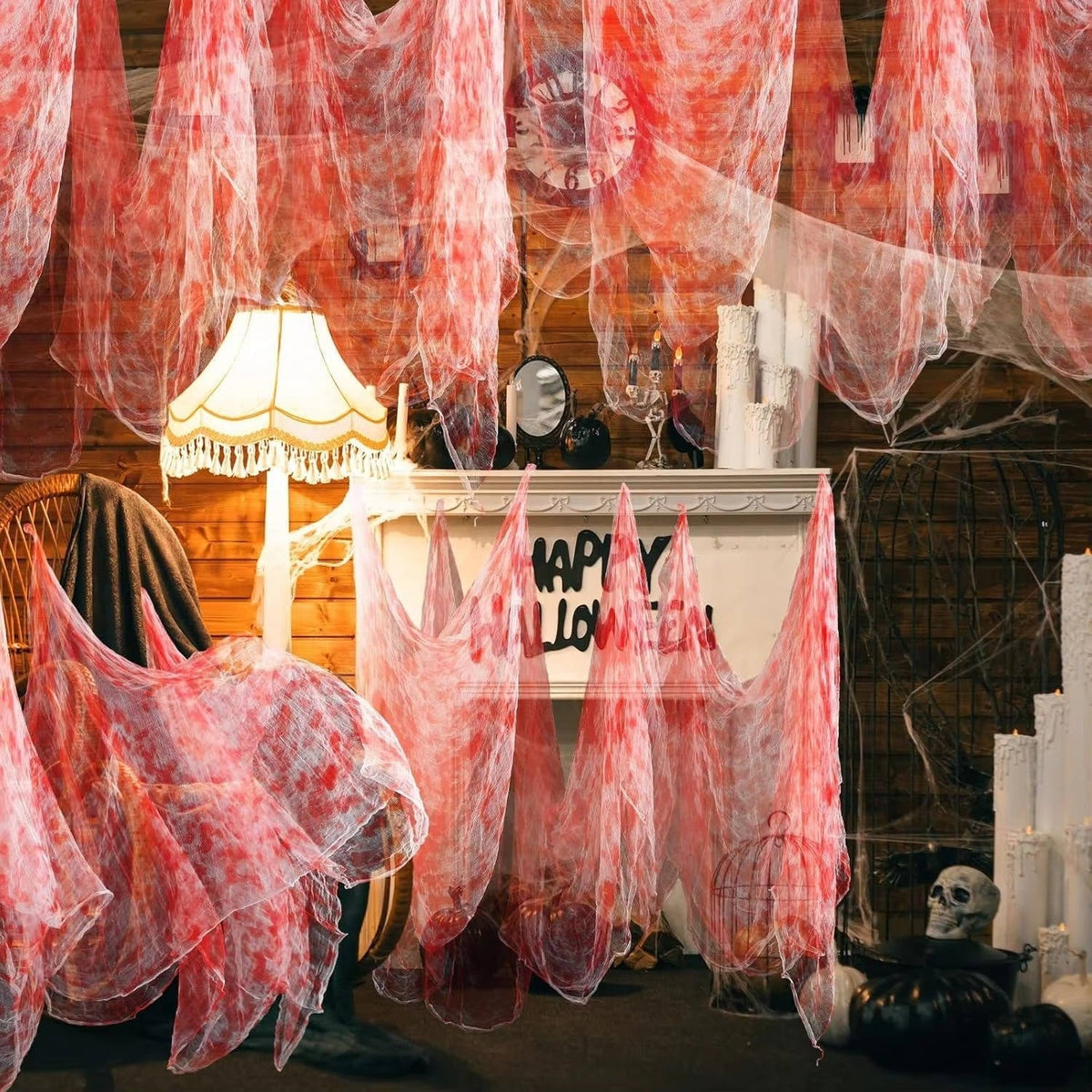 Telo horror per Halloween, tessuto strappato da appendere in casa e in giardino, nero o bianco macchiato di sangue, lava