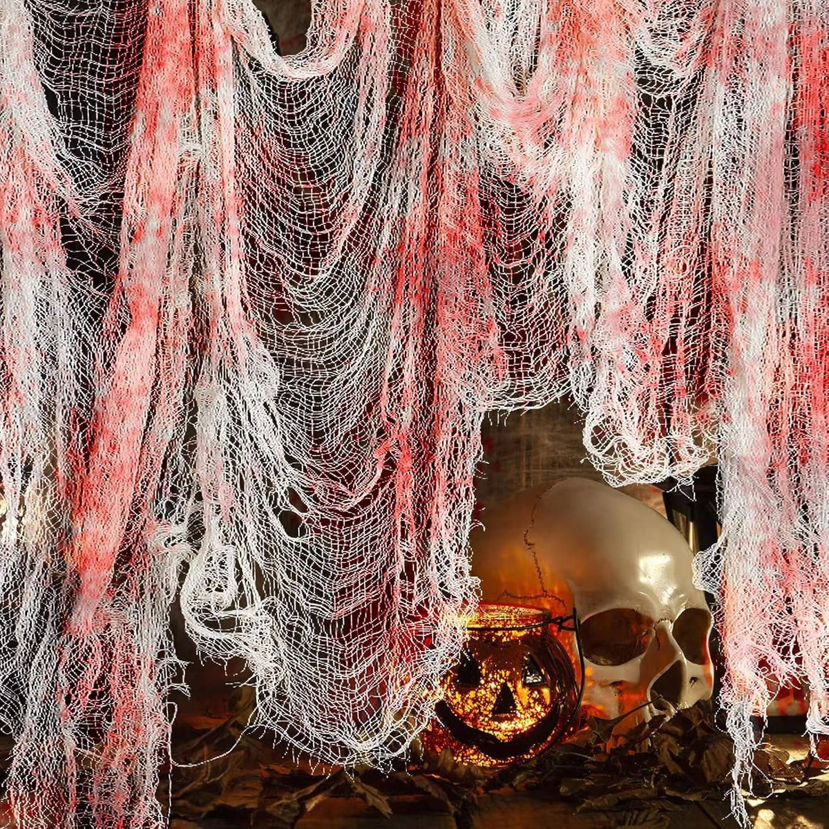 Telo horror per Halloween, tessuto strappato da appendere in casa e in giardino, nero o bianco macchiato di sangue, lava