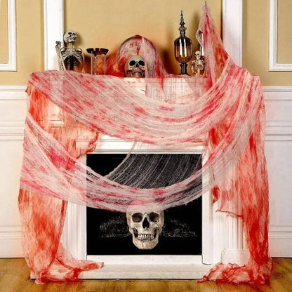 Telo horror per Halloween, tessuto strappato da appendere in casa e in giardino, nero o bianco macchiato di sangue, lava