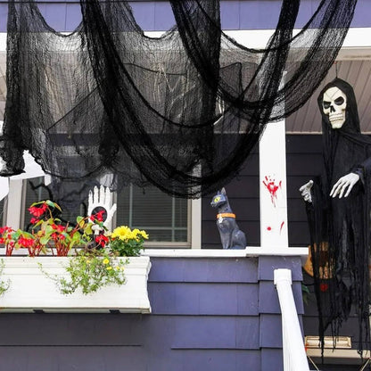 Telo horror per Halloween, tessuto strappato da appendere in casa e in giardino, nero o bianco macchiato di sangue, lava
