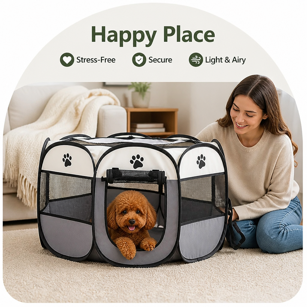 Tenda pop-up pieghevole in rete per animali domestici (con porte con cerniera)