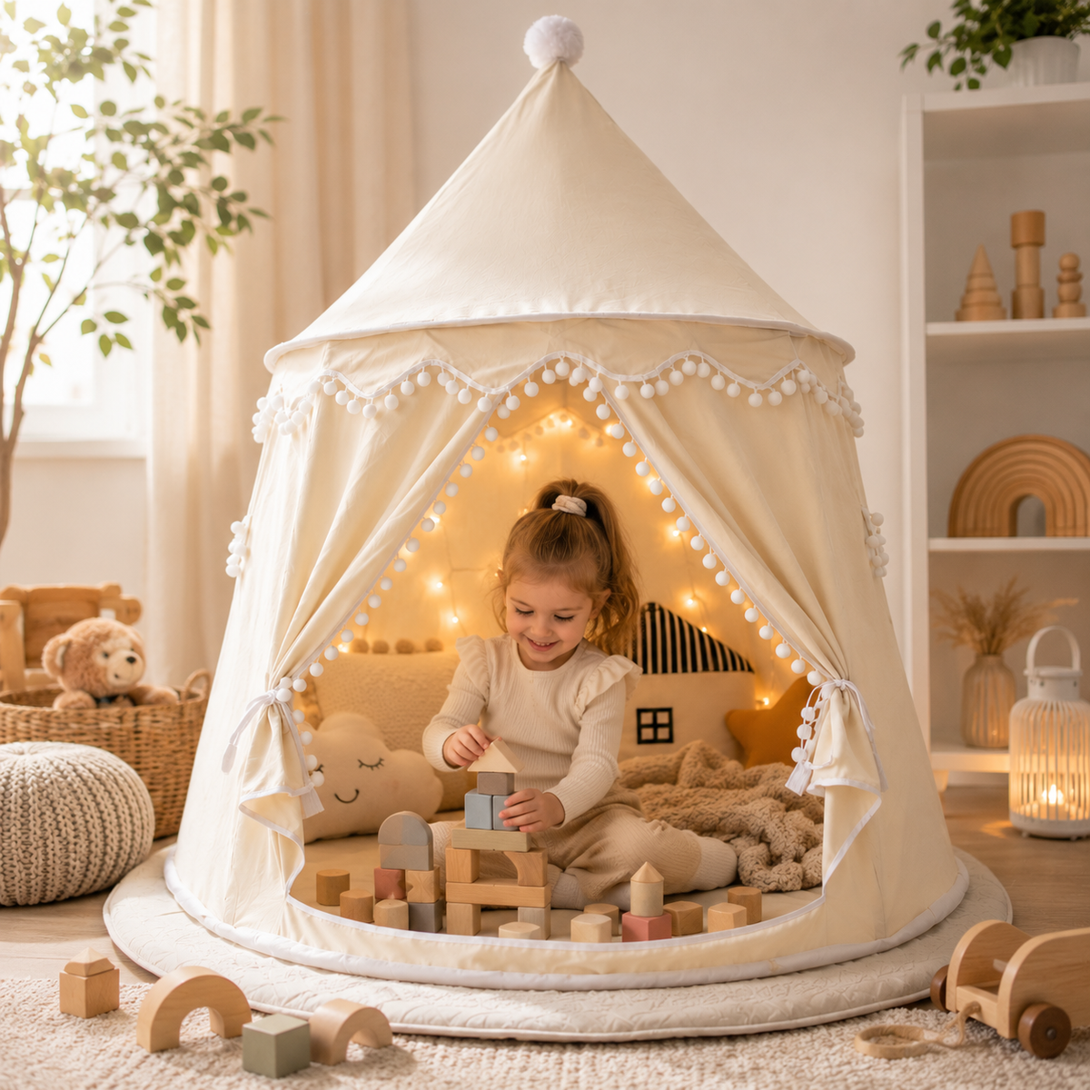 Tenda Tipi Gioco per Bambini in Tela, 100% Cotone, Pali in Pino, Spaziosa