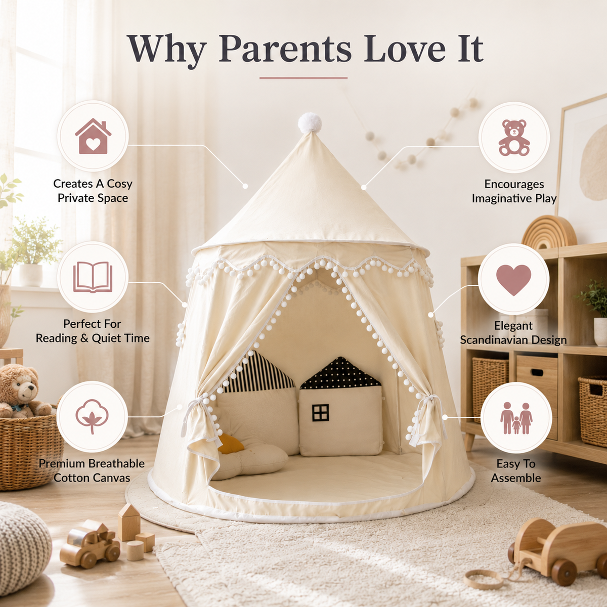 Tenda Tipi Gioco per Bambini in Tela, 100% Cotone, Pali in Pino, Spaziosa