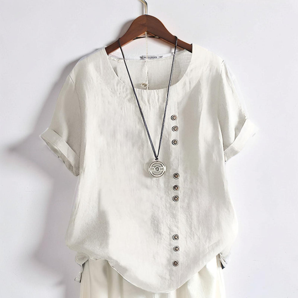 Top donna casual a maniche corte con bottoni e collo rotondo