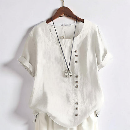 Top donna casual a maniche corte con bottoni e collo rotondo