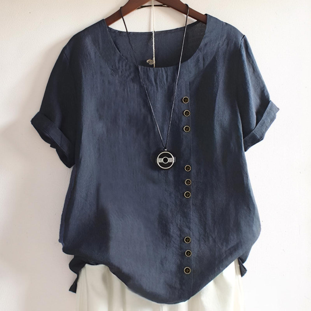 Top donna casual a maniche corte con bottoni e collo rotondo