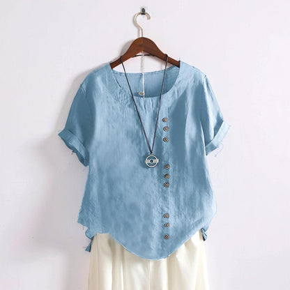 Top donna casual a maniche corte con bottoni e collo rotondo
