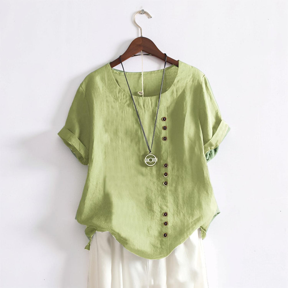 Top donna casual a maniche corte con bottoni e collo rotondo