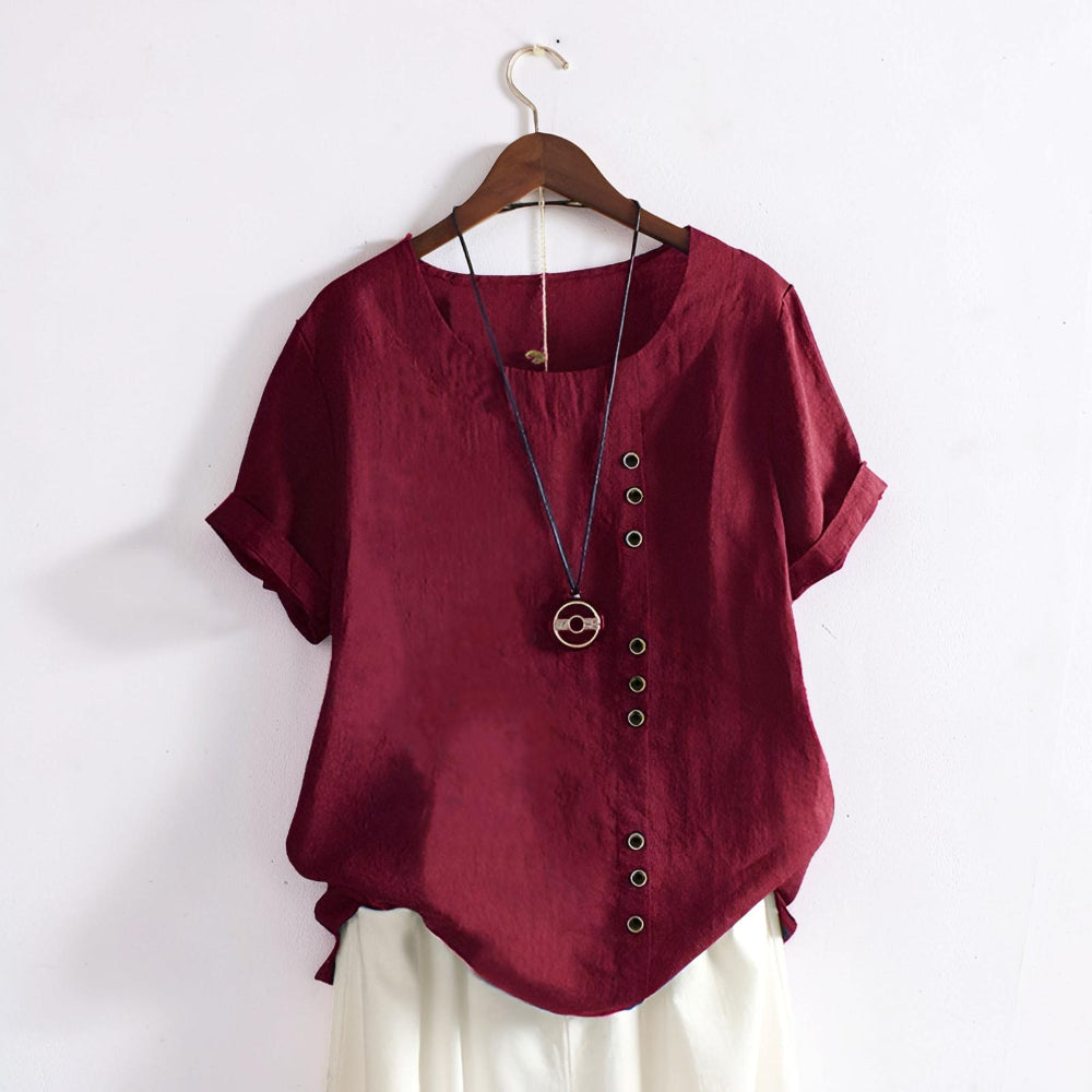 Top donna casual a maniche corte con bottoni e collo rotondo