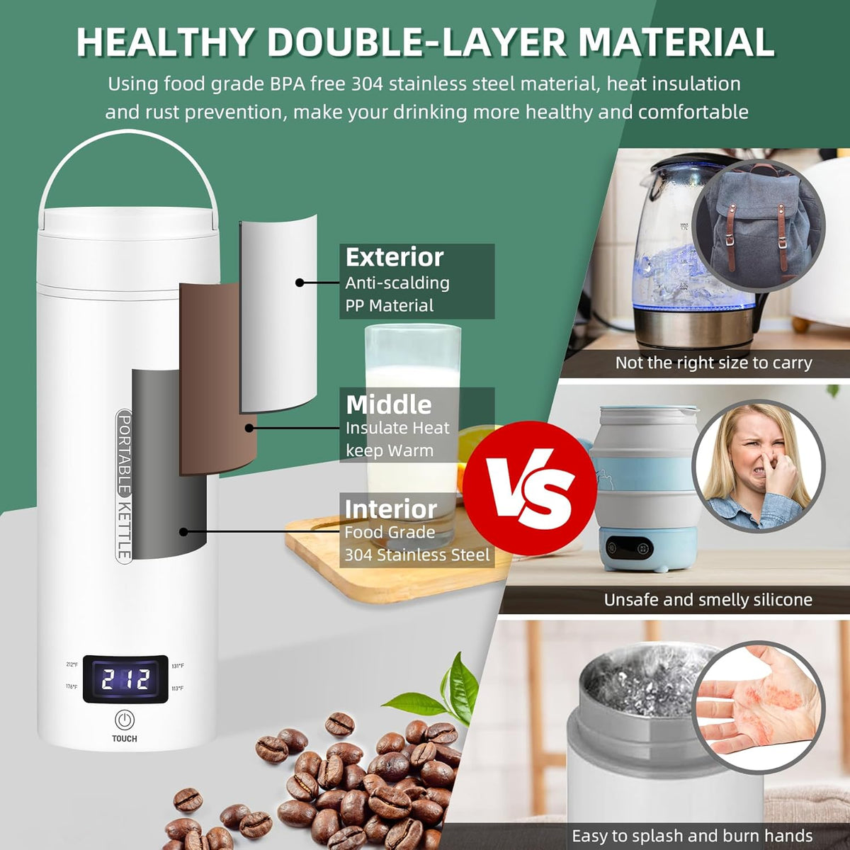 TravelMate bollitore elettrico portatile con controllo intelligente della temperatura – bollitore da viaggio compatto co