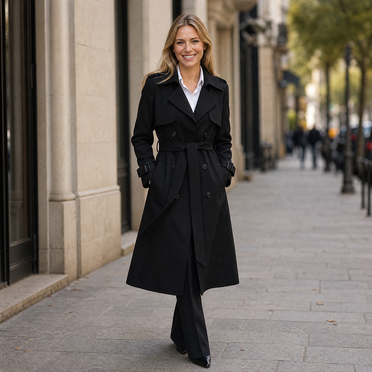 Trench donna lungo doppiopetto con cintura, revers ampi, spalline e polsini con fibbia, per ufficio e weekend, 6 colori,