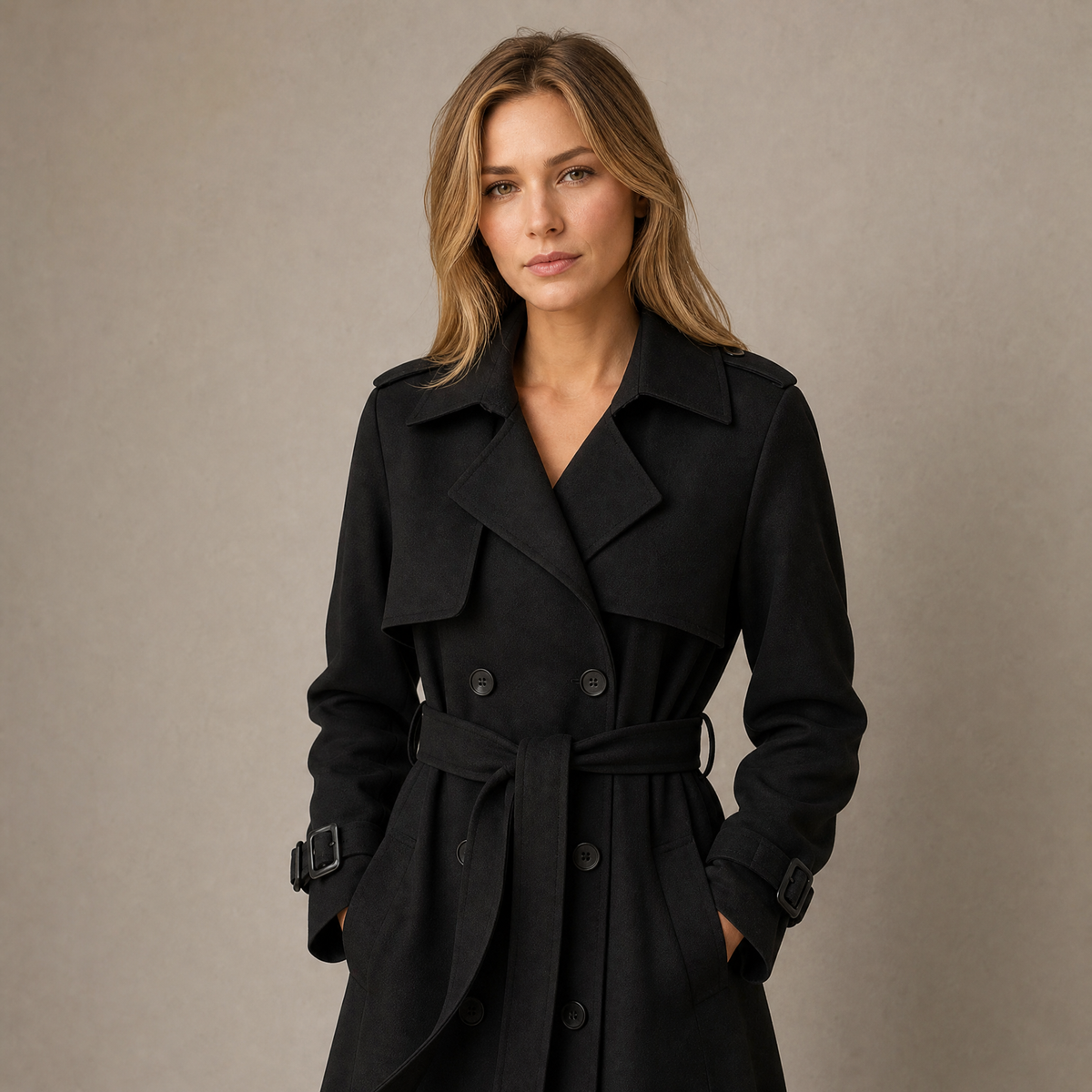 Trench donna lungo doppiopetto con cintura, revers ampi, spalline e polsini con fibbia, per ufficio e weekend, 6 colori,