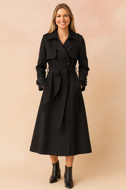 Trench donna lungo doppiopetto con cintura, revers ampi, spalline e polsini con fibbia, per ufficio e weekend, 6 colori,
