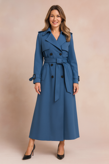 Trench donna lungo doppiopetto con cintura, revers ampi, spalline e polsini con fibbia, per ufficio e weekend, 6 colori,