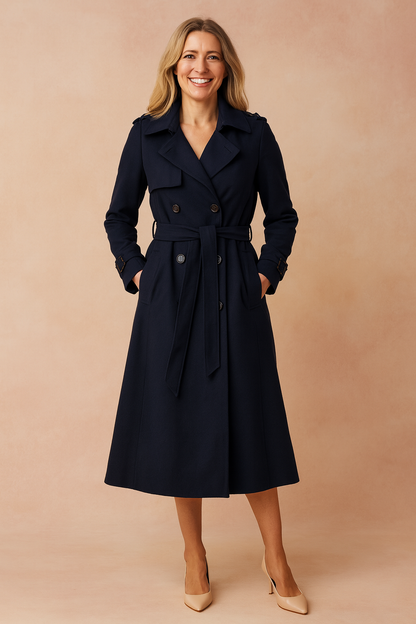 Trench donna lungo doppiopetto con cintura, revers ampi, spalline e polsini con fibbia, per ufficio e weekend, 6 colori,