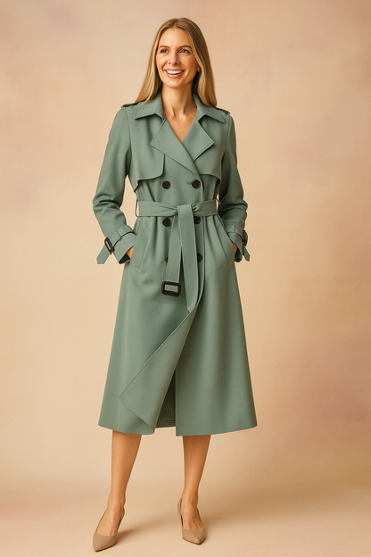Trench donna lungo doppiopetto con cintura, revers ampi, spalline e polsini con fibbia, per ufficio e weekend, 6 colori,