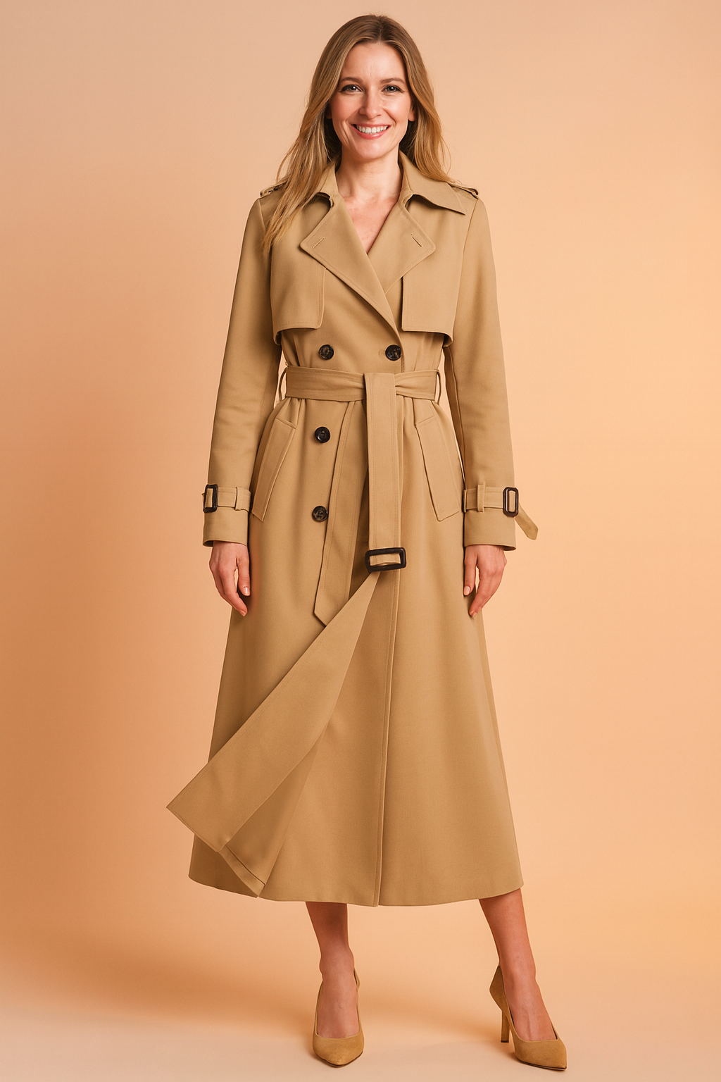 Trench donna lungo doppiopetto con cintura, revers ampi, spalline e polsini con fibbia, per ufficio e weekend, 6 colori,