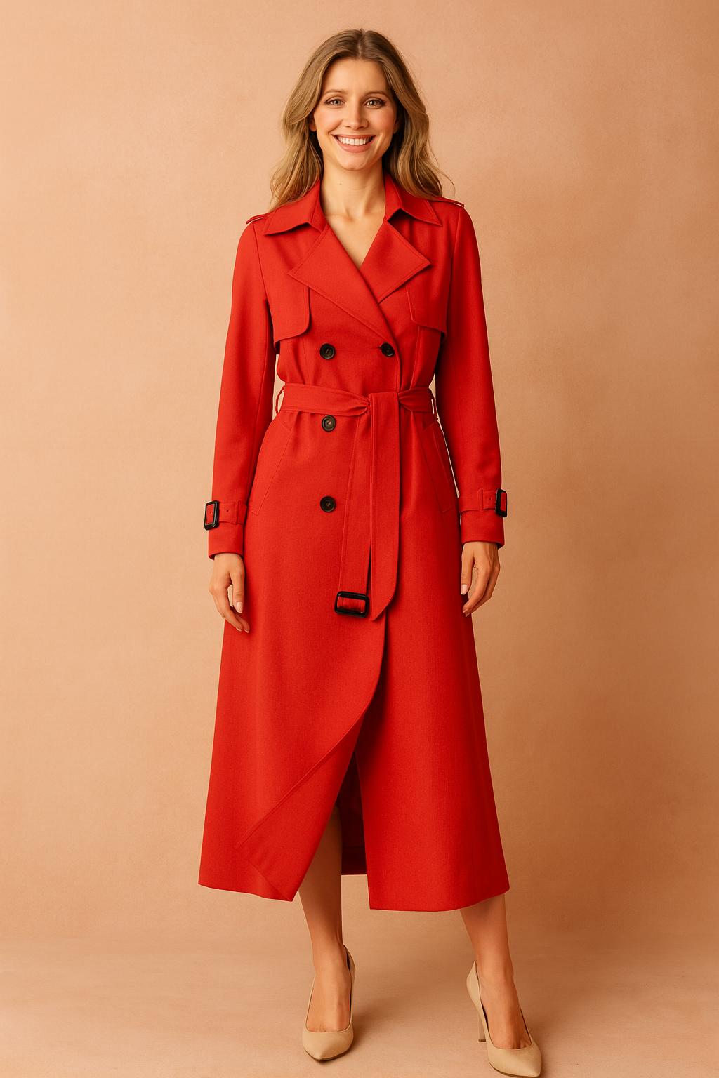 Trench donna lungo doppiopetto con cintura, revers ampi, spalline e polsini con fibbia, per ufficio e weekend, 6 colori,
