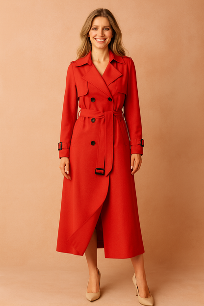 Trench donna lungo doppiopetto con cintura, revers ampi, spalline e polsini con fibbia, per ufficio e weekend, 6 colori,