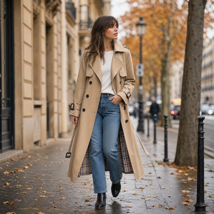 Trench donna lungo doppiopetto con cintura, spalline e fodera a quadri, trench classico in 7 colori, taglie XS-3XL