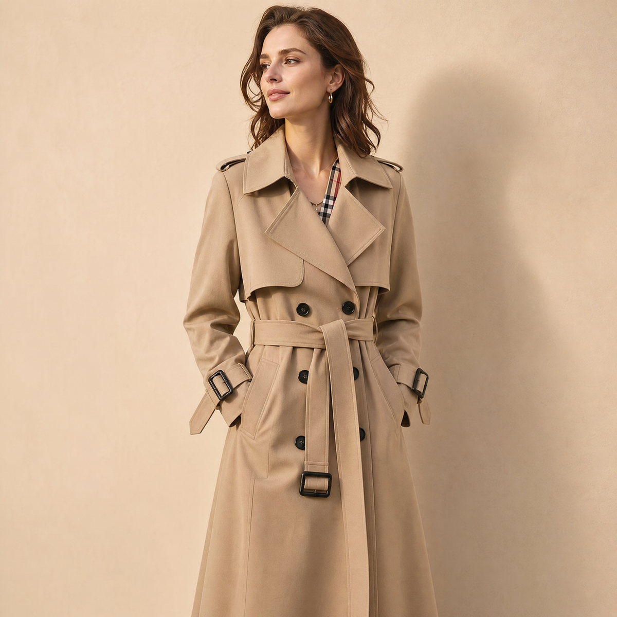 Trench donna lungo doppiopetto con cintura, spalline e fodera a quadri, trench classico in 7 colori, taglie XS-3XL