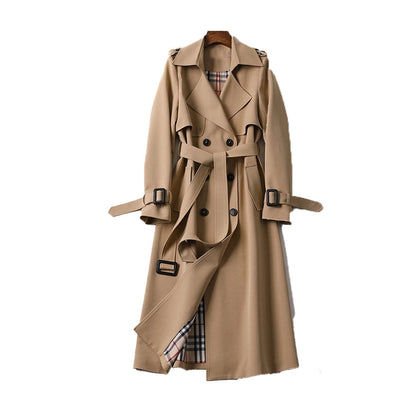 Trench donna lungo doppiopetto con cintura, spalline e fodera a quadri, trench classico in 7 colori, taglie XS-3XL