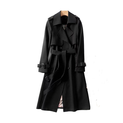 Trench donna lungo doppiopetto con cintura, spalline e fodera a quadri, trench classico in 7 colori, taglie XS-3XL