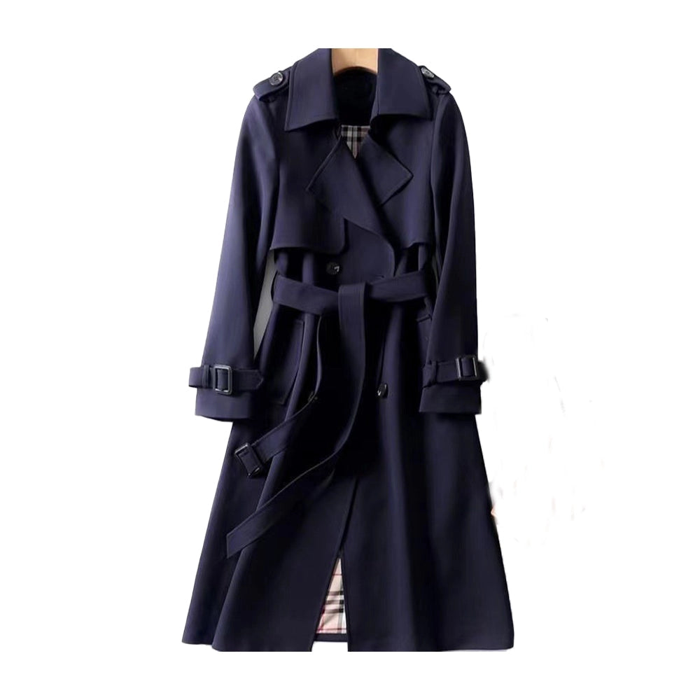 Trench donna lungo doppiopetto con cintura, spalline e fodera a quadri, trench classico in 7 colori, taglie XS-3XL