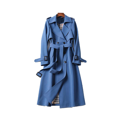 Trench donna lungo doppiopetto con cintura, spalline e fodera a quadri, trench classico in 7 colori, taglie XS-3XL