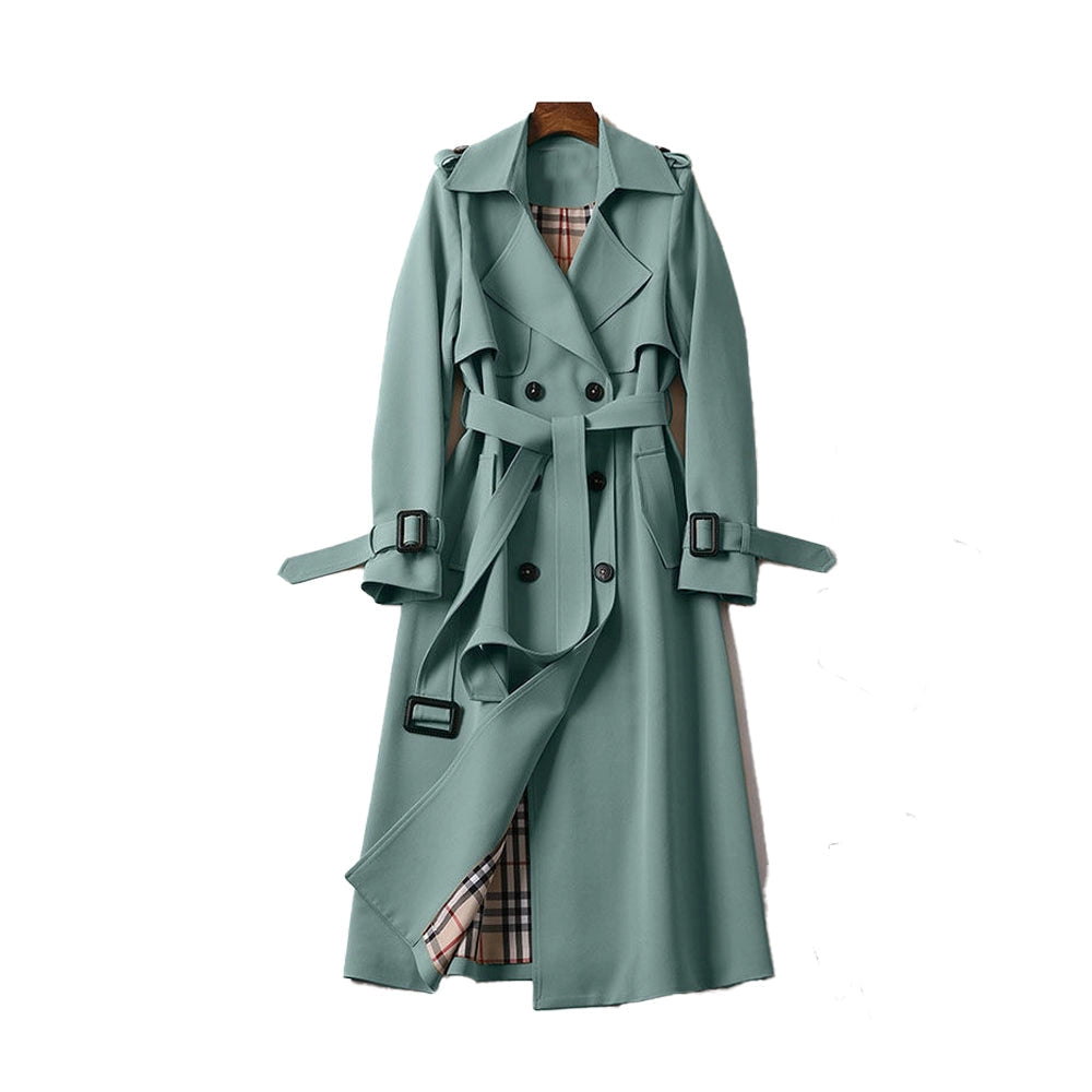 Trench donna lungo doppiopetto con cintura, spalline e fodera a quadri, trench classico in 7 colori, taglie XS-3XL
