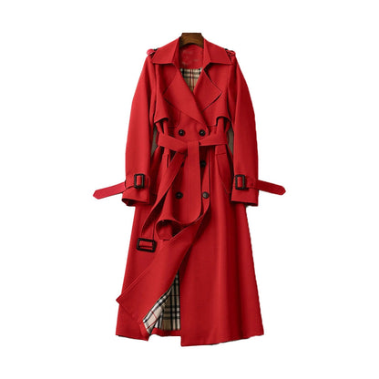 Trench donna lungo doppiopetto con cintura, spalline e fodera a quadri, trench classico in 7 colori, taglie XS-3XL