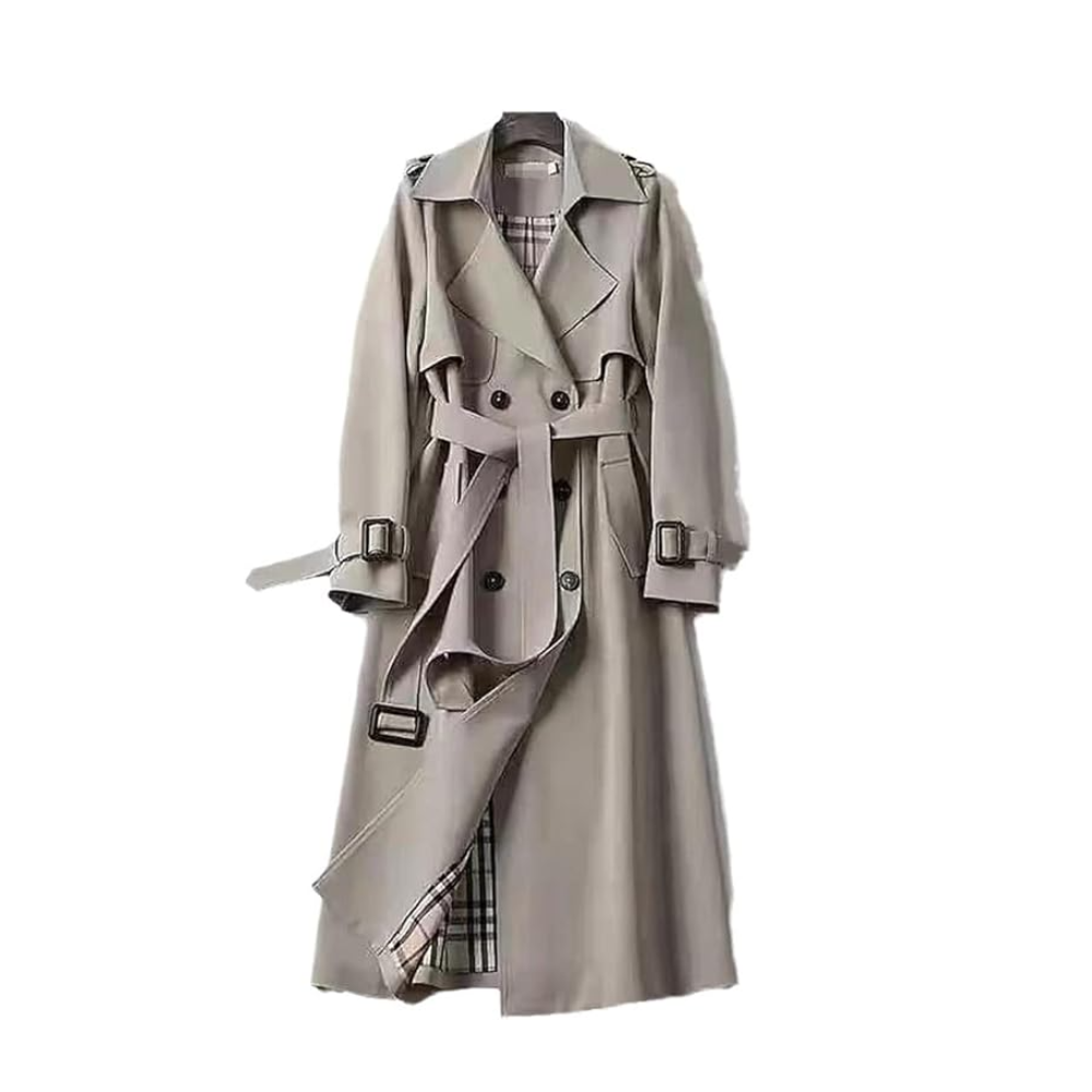 Trench donna lungo doppiopetto con cintura, spalline e fodera a quadri, trench classico in 7 colori, taglie XS-3XL