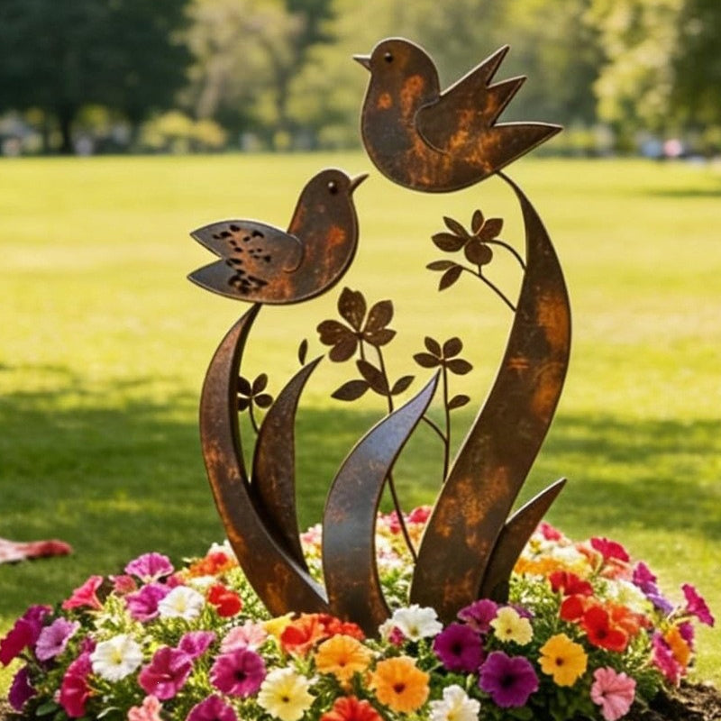 Tutore da giardino con silhouette di uccelli e fiori, finitura ferro anticato