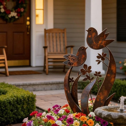 Tutore da giardino con silhouette di uccelli e fiori, finitura ferro anticato