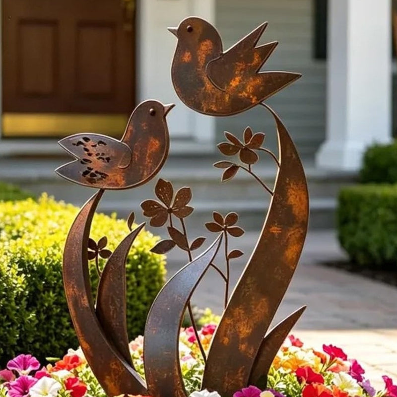Tutore da giardino con silhouette di uccelli e fiori, finitura ferro anticato