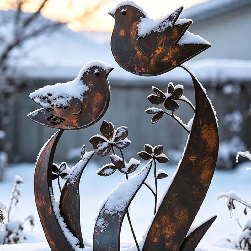 Tutore da giardino con silhouette di uccelli e fiori, finitura ferro anticato