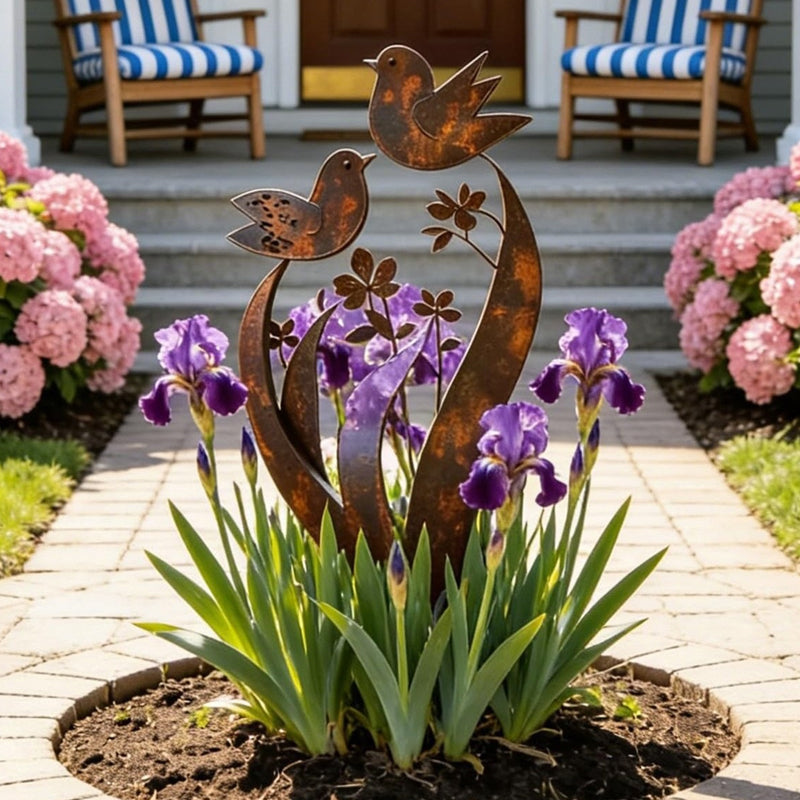 Tutore da giardino con silhouette di uccelli e fiori, finitura ferro anticato