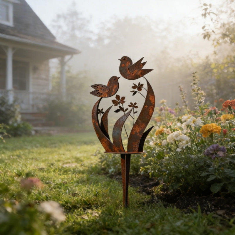 Tutore da giardino con silhouette di uccelli e fiori, finitura ferro anticato