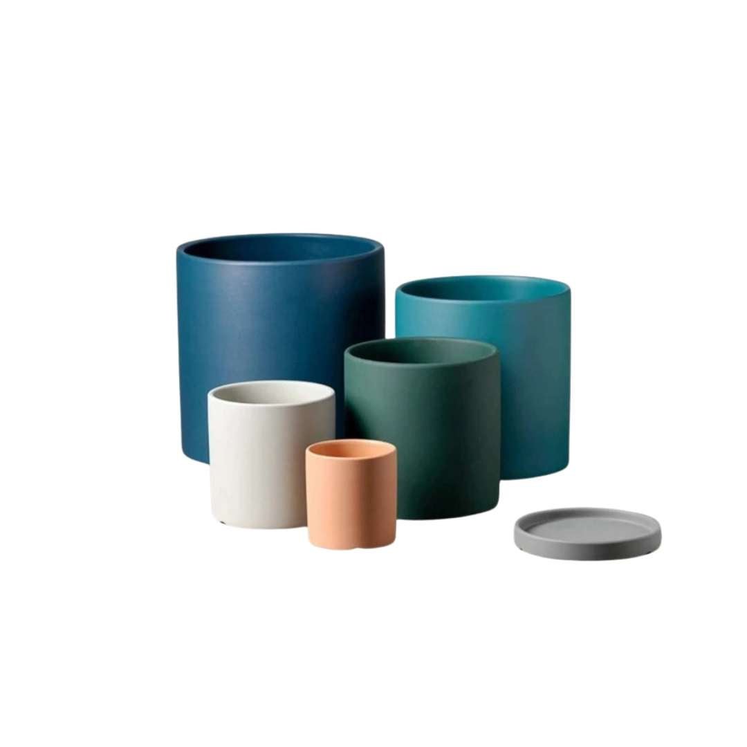 Vaso per piante in ceramica smaltata opaca con foro di drenaggio e sottovaso
