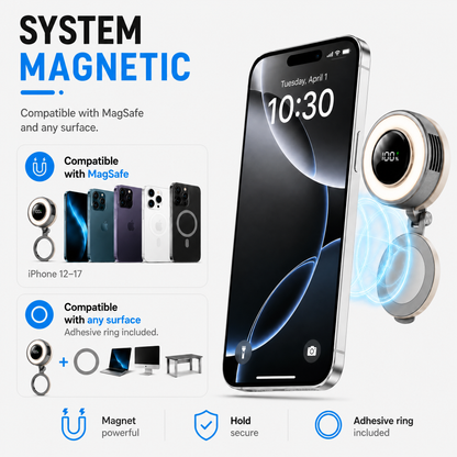 Ventilatore magnetico compatto con raffreddamento a 360 gradi e luce LED portatile